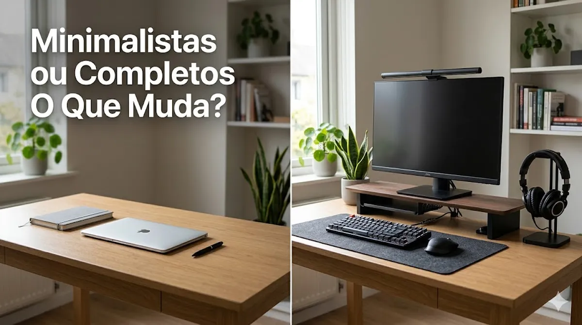Comparação entre acessórios minimalistas e completos para mesa de estudos em duas distribuições diferentes