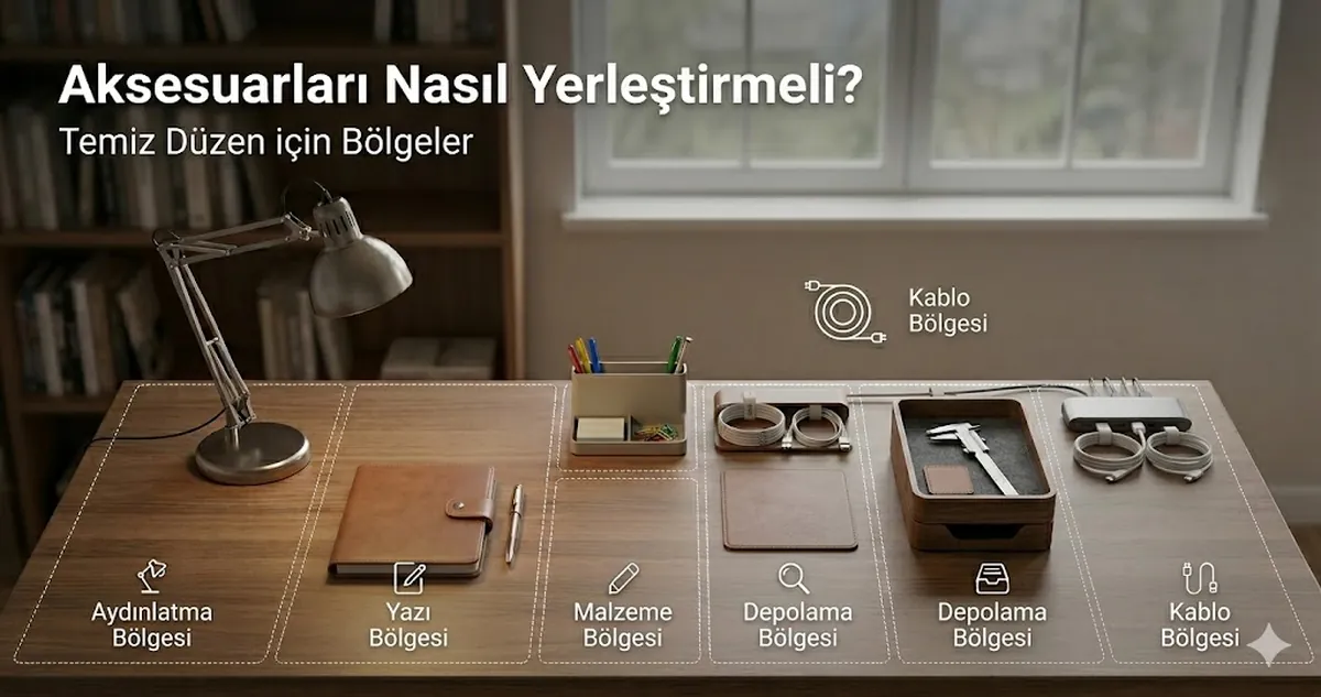 Temiz ve kullanımı kolay bir çalışma düzeni için bölgelere ayrılmış çalışma masası aksesuarları