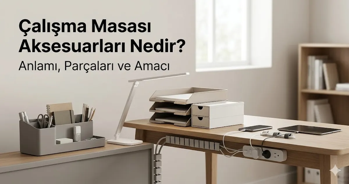 Düzenleyici, aydınlatma, depolama ve kablo kontrolü ürünleriyle temel çalışma masası aksesuarları