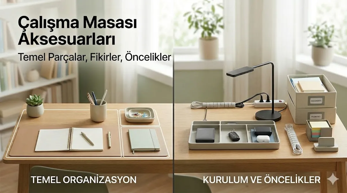 Temiz ve işlevsel bir alan için düzenlenmiş çalışma masası aksesuarları