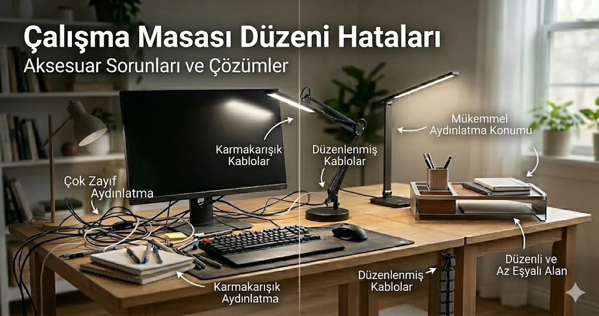 Dağınık kablolar, zayıf aydınlatma ve sıkışık depolamayla görülen yaygın çalışma masası aksesuar hataları