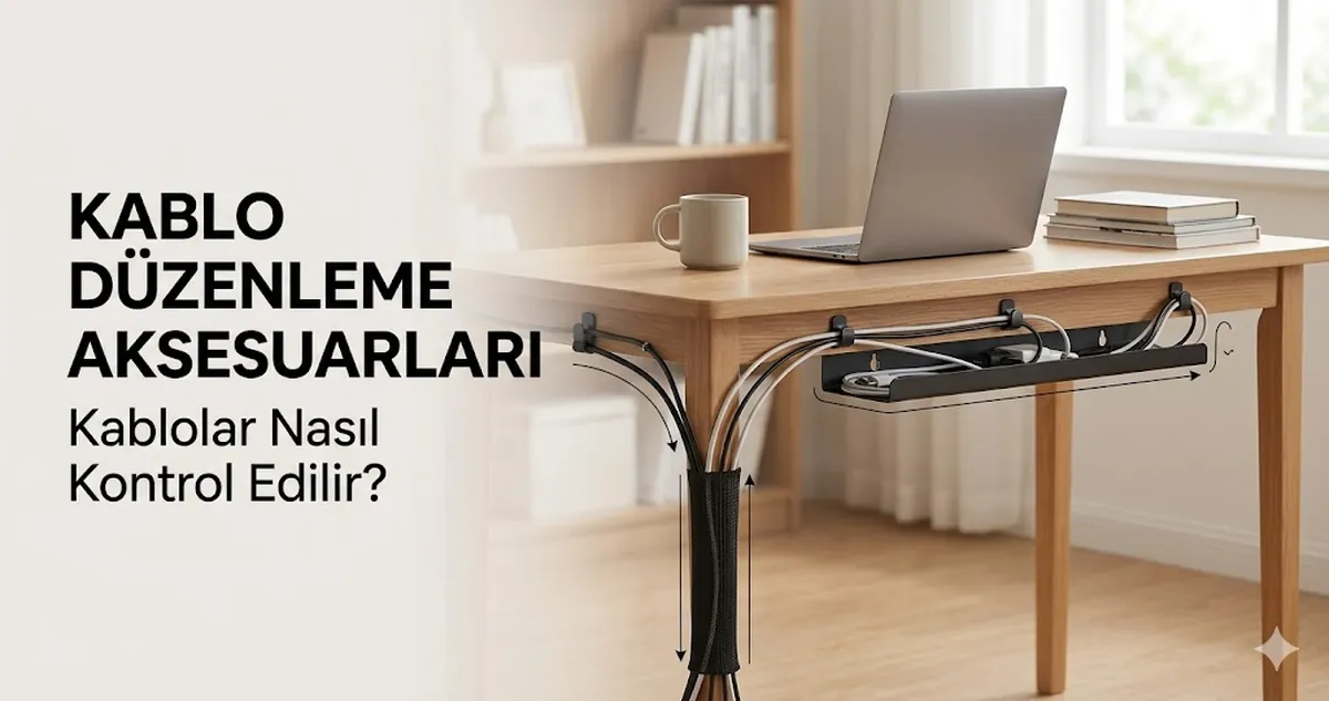 Masanın altında ve arkasında kabloları kontrol etmek için kullanılan çalışma masası kablo düzenleme aksesuarları