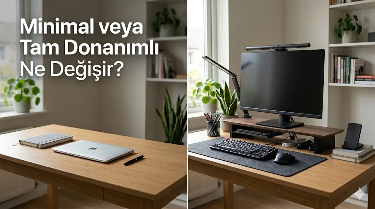 İki farklı masa düzeninde karşılaştırılan minimal ve tam donanımlı çalışma masası aksesuarları