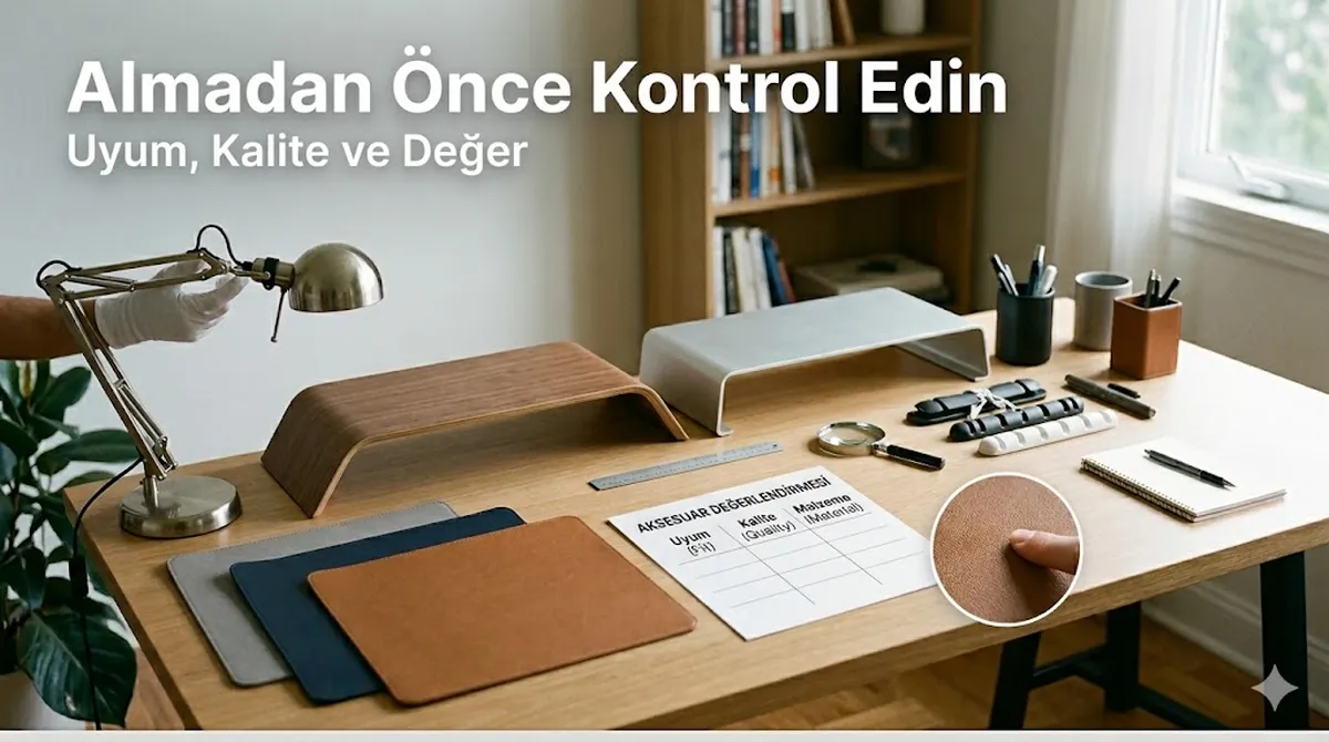 Satın alma kararı öncesi uyum, kalite ve değer açısından kontrol edilen çalışma masası aksesuarları